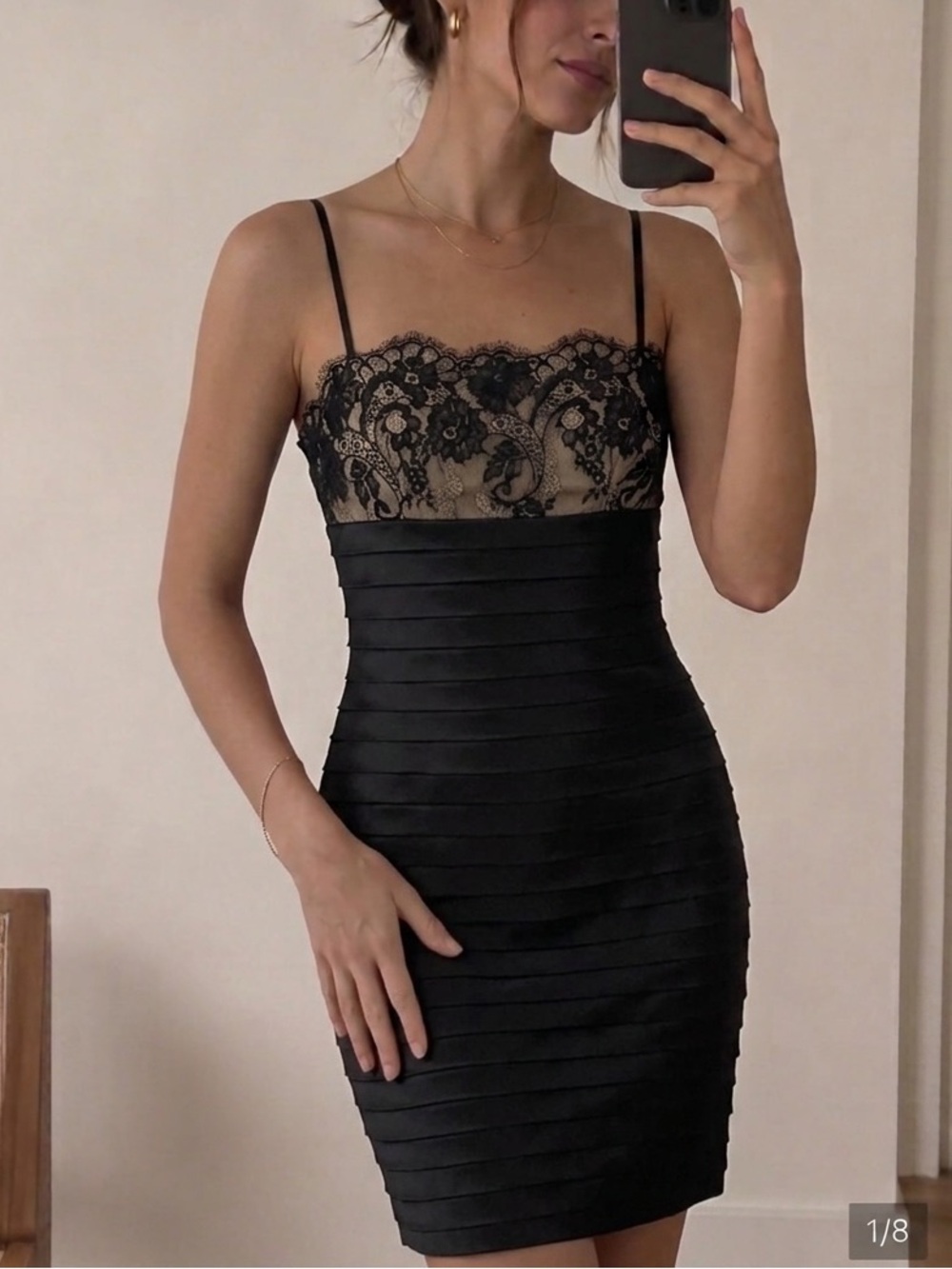 JS Collections | spaghetti strap mini cocktail bandage style dress with lace